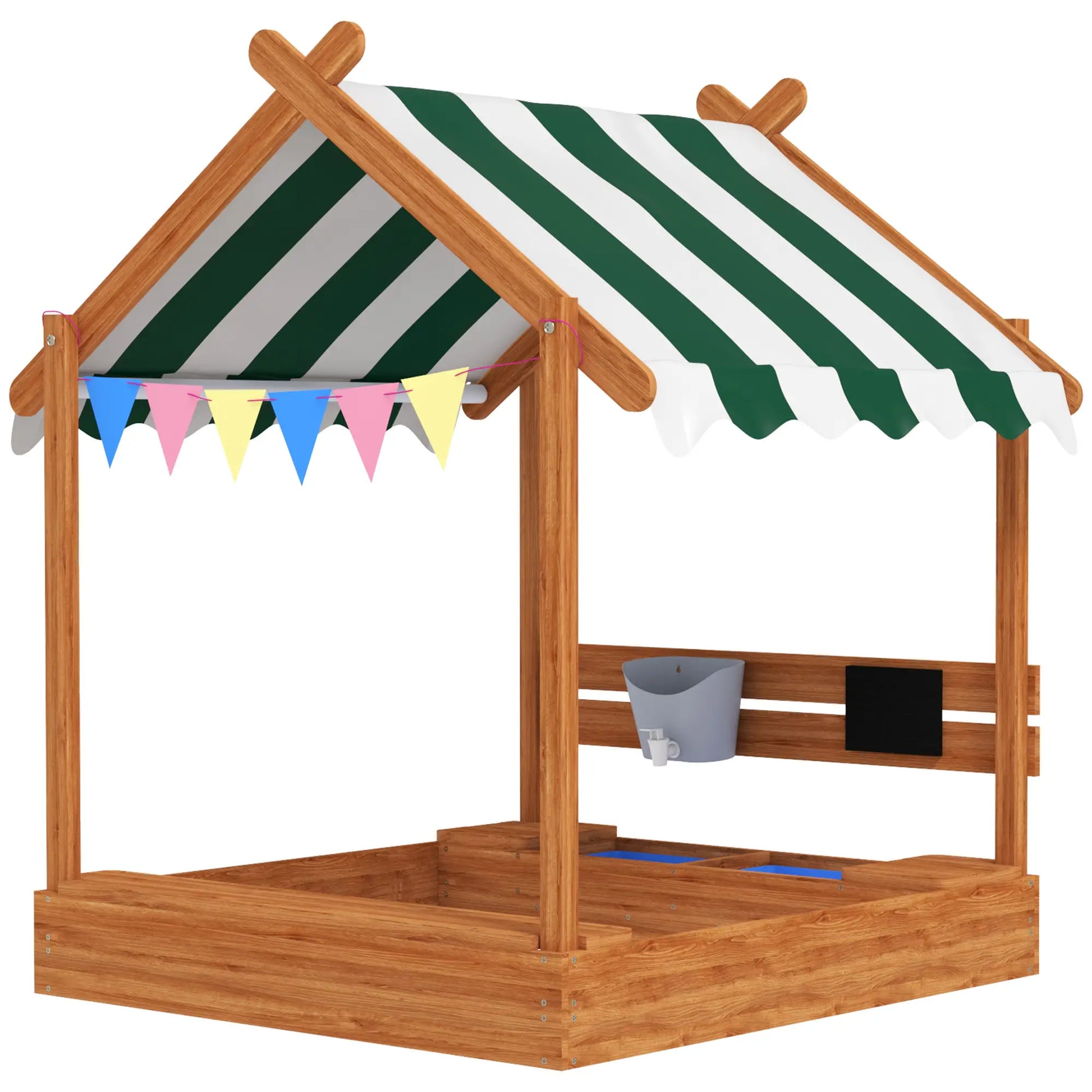 Nancy's Dossena Zandbak - Weerbestendig Dak - Met Speelset - Bruin / Groen / Wit - Dennenhout - ± 125 x 115 x 145 cm