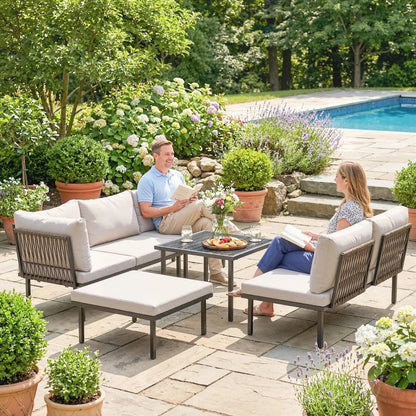 Nancy's Siniscola Loungeset - Tuinset - Lounge Set - Tuinmeubelset - 6-Delig - Grijs / Zwart