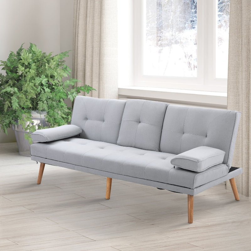 Canapé-lit Nancy's Bellevue, canapé 3 places, canapé-lit avec table pliante, canapé en tissu aspect lin, canapé-lit avec porte-gobelet, au design Scandi, gris clair