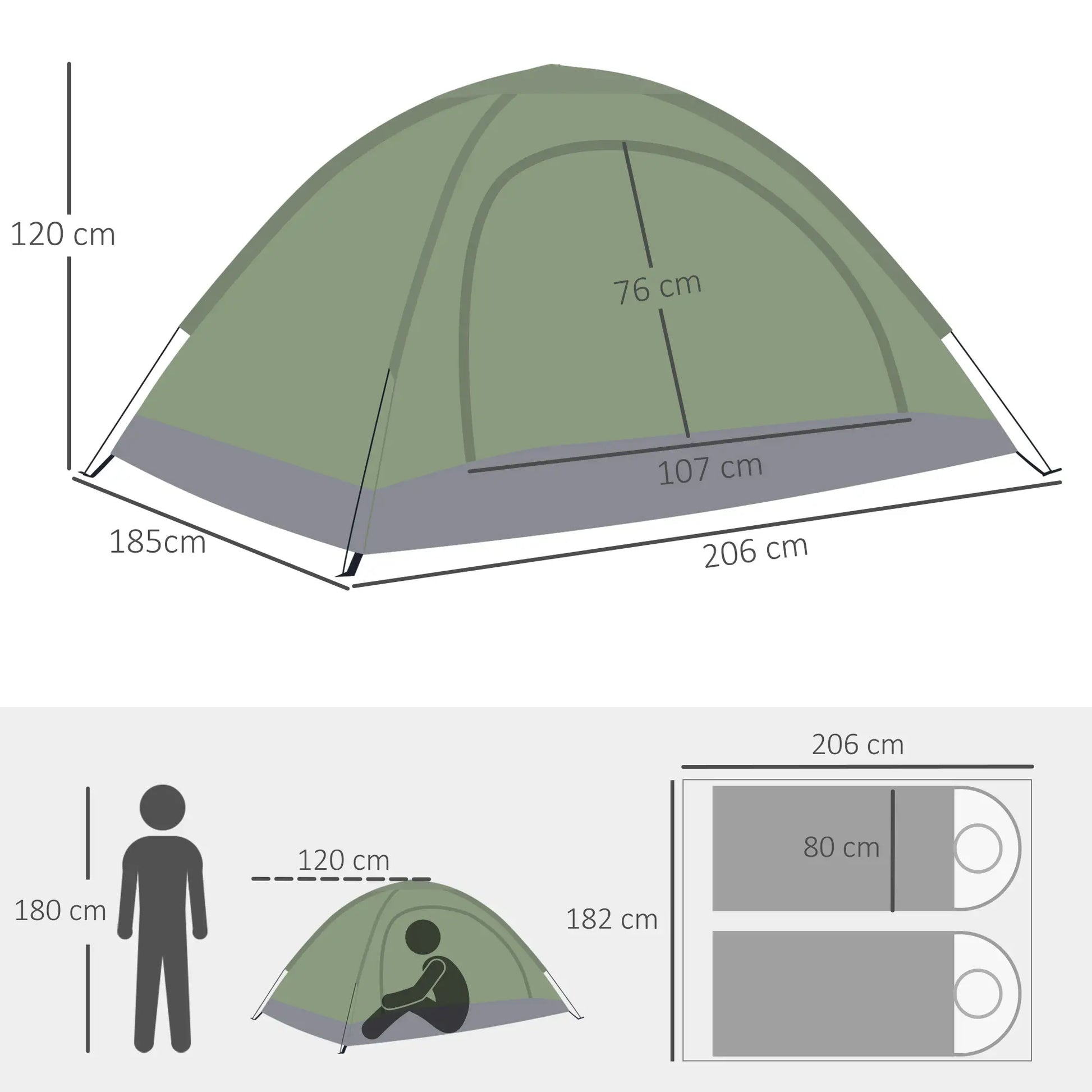 Nancy's Gattico Kampeertent - Campingtent - 2-Persoons - Groen - ± 205 x 185 x 120 cm
