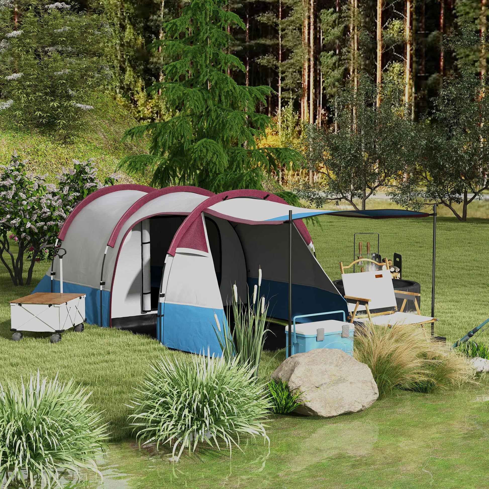 Nancy's Campodenno Kampeertent - Camping Tent - 2 aparte ruimtes - 2-4 Personen - Rood / Blauw / Wit - 420 x 200 x 150 cm