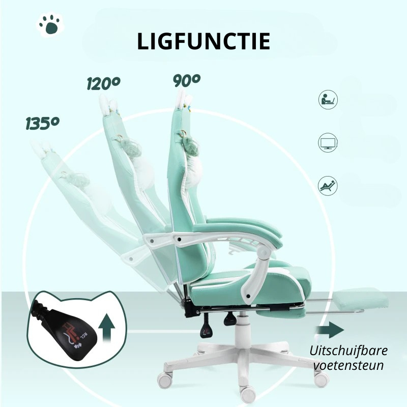 Nancy's Panni Gamestoel - Gaming Stoel - Bureaustoel - Kattenstijl - Zeeblauw - Kunstleer