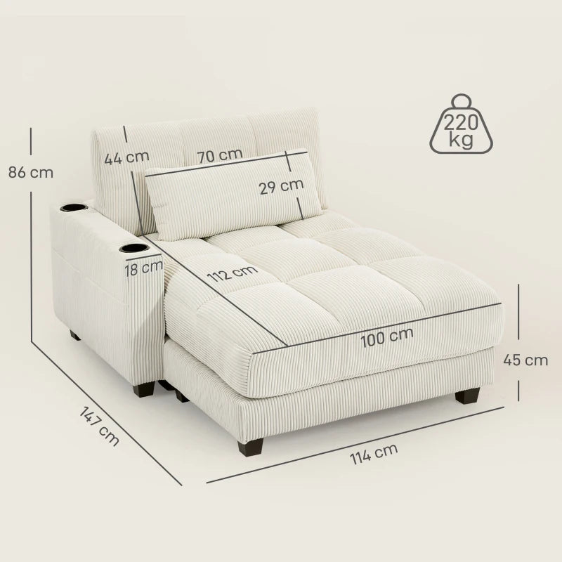 Nancy's Pedara Lounge Fauteuil - Relaxstoel - Loungestoel - Chaise Longue- Bekerhouders - Crèmewit - Corduroy