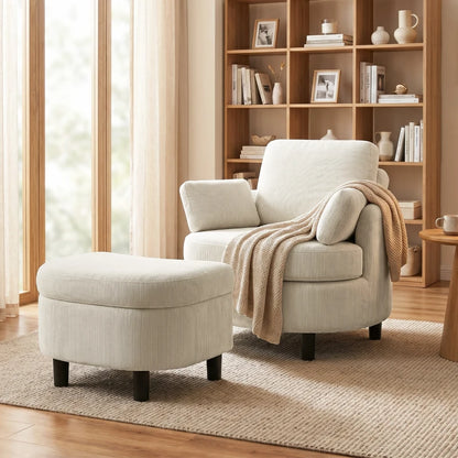 Nancy's Terenten Lounge Fauteuil - Relaxfauteuil - Loungestoel - Inclusief Voetenbankje - Verstelbaar - Crèmewit - Corduroy look