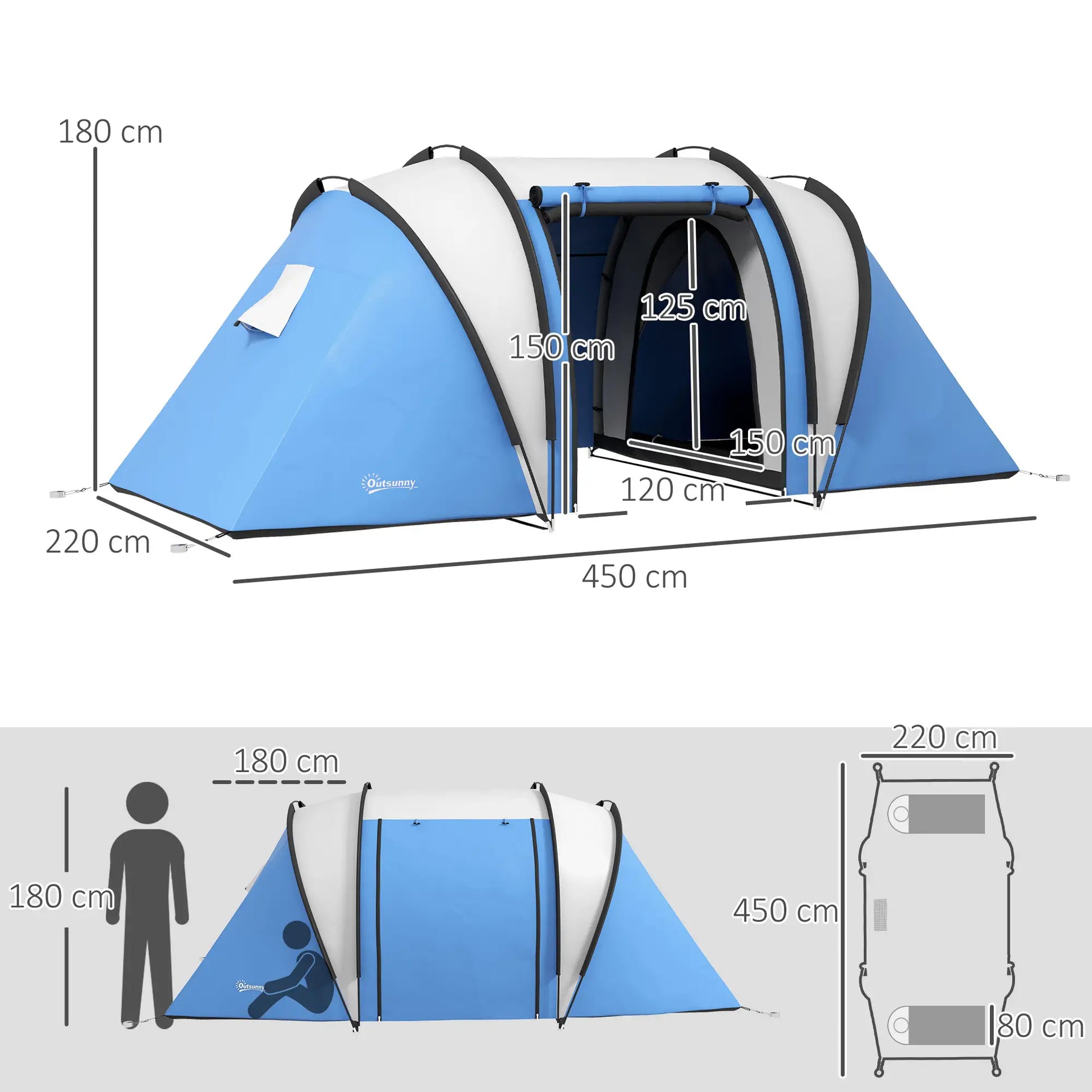 Nancy's Cautano Kampeertent - Camping Tent - 2 Slaapkamers - Blauw - 450 x 220 x 180 cm
