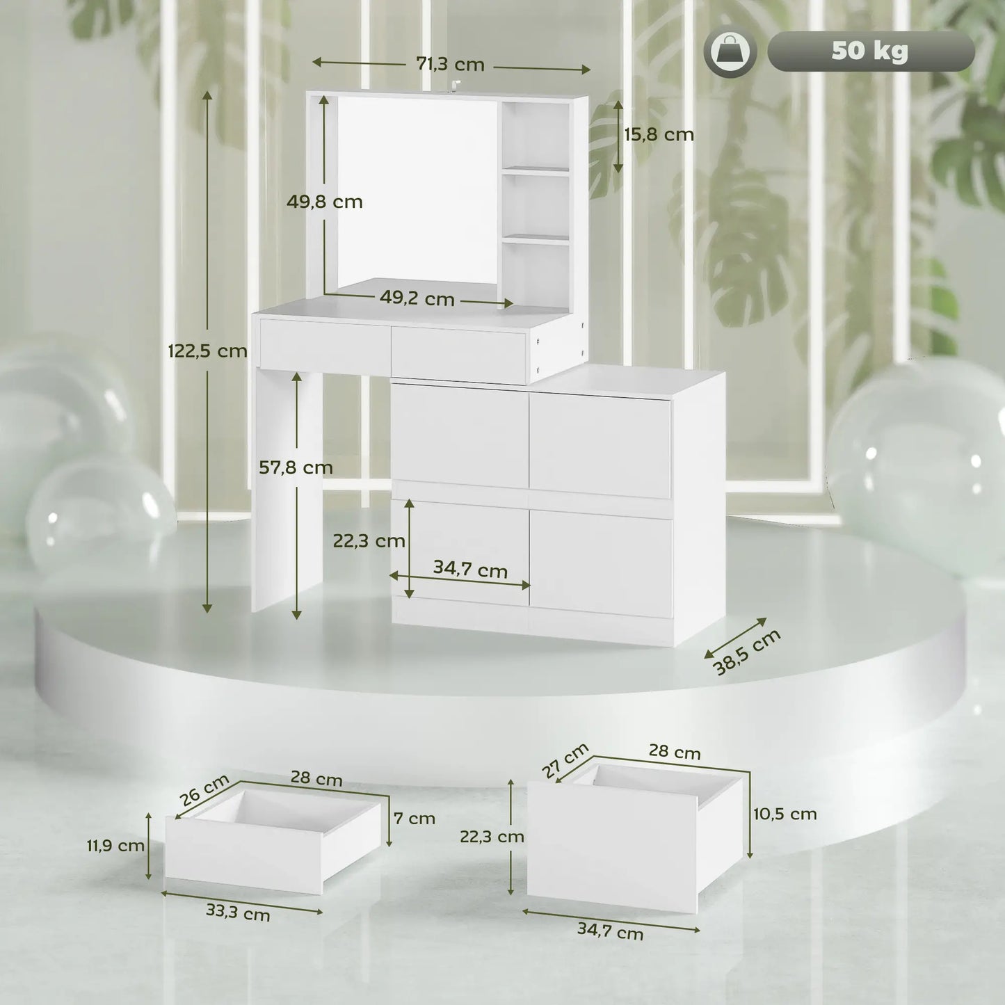 Nancy's Curtatone Kaptafel - Make Up Tafel met Spiegel - Wit - ± 70 x 40 x 120 cm