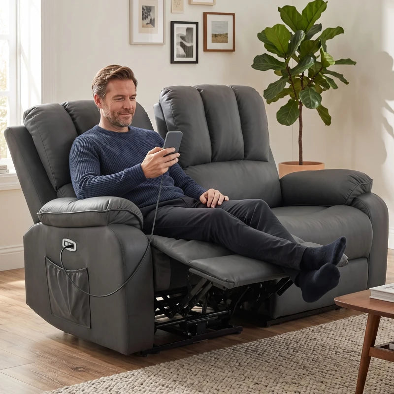 Nancy's Valpelline Dubbele Massagestoel - Massagefauteuil - Bioscoopstoel - Relaxfauteuil - 2 Personen - Grijs - Kunstleer