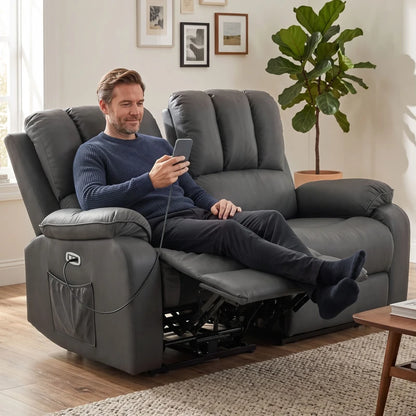 Nancy's Valpelline Dubbele Massagestoel - Massagefauteuil - Bioscoopstoel - Relaxfauteuil - 2 Personen - Grijs - Kunstleer