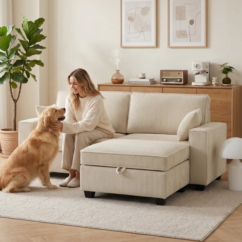 Nancy's Terlizzi Hoekbank - Flexibele Opbergpoef - Ruimte zitting - Beige - Corduroy - ± 215 x 150 x 95 cm