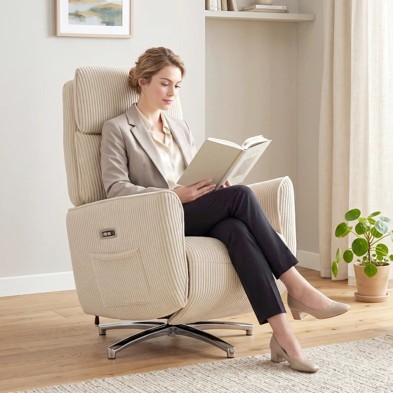 Nancy's Tarzo Elektrische Fauteuil - Relaxfauteuil - Relaxstoel - Draaibaar - Crèmewit / Zilver - Corduroy Look