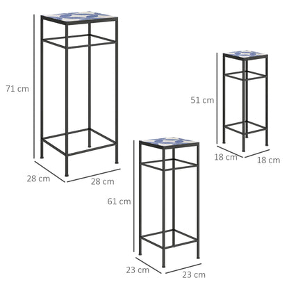 Nancy's Camaiore Plantenrek - Plantenstandaard - Bloemplank - Plantenzuil - Set van 3 - Blauw / Wit