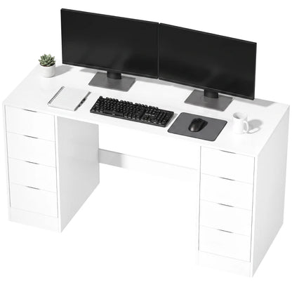 Nancy's Trecate Bureau - 8 Lades - Ruim werkblad - Wit - Spaanplaat / MDF - ± 140 x 55 x 75 cm