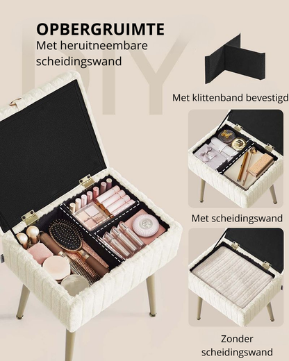 Nancy's Ospedaletto Make-Up Krukje - Hocker - Make Up Tafel Kruk met Opbergruimte - Wit - 30 x 40 x 50 cm