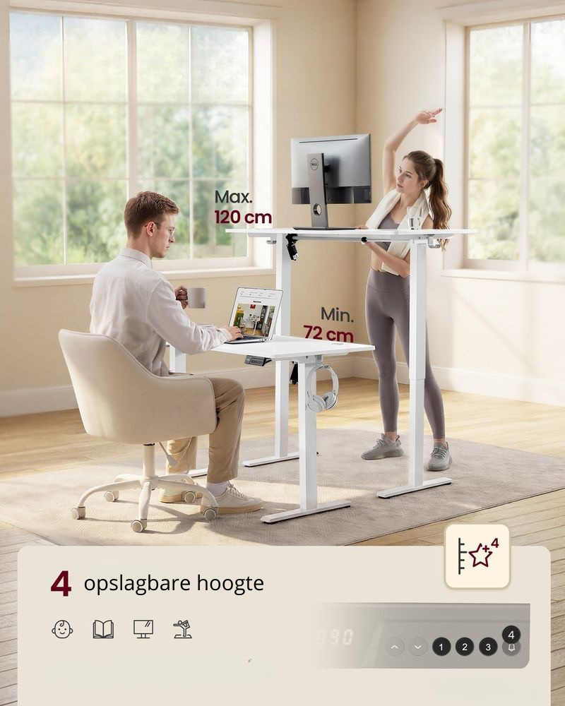 Nancy's Pozzuoli Verstelbare Bureau - Elektrisch Bureau - Zit/Sta Bureau - Wit - 120 x 60 x 72-120 cm