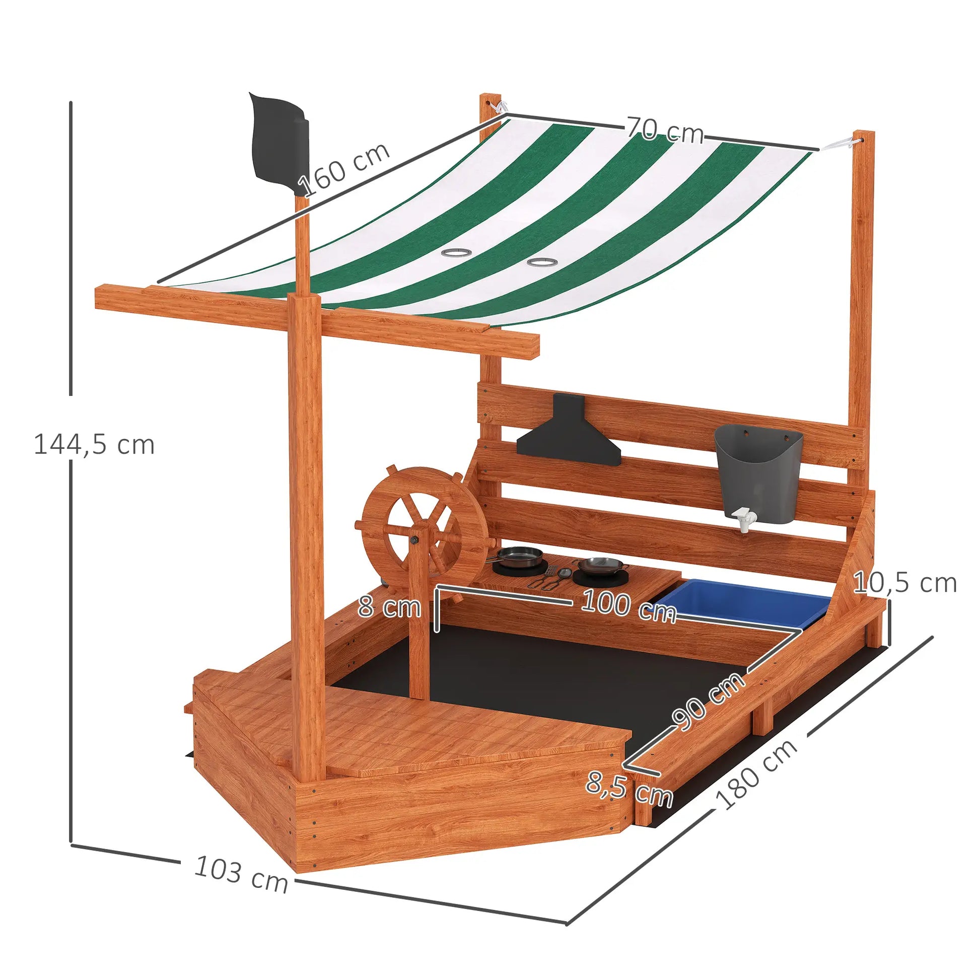 Nancy's Dorno Zandbak - Met Keukenset - Piratenschip - Bruin / Groen / Wit - Dennenhout - ± 180 x 100 x 145 cm