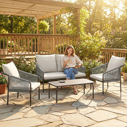 Nancy's Sassello Loungeset - 4-Delige Tuinset - Tuinmeubelset - Kaki / Grijs - Rotan