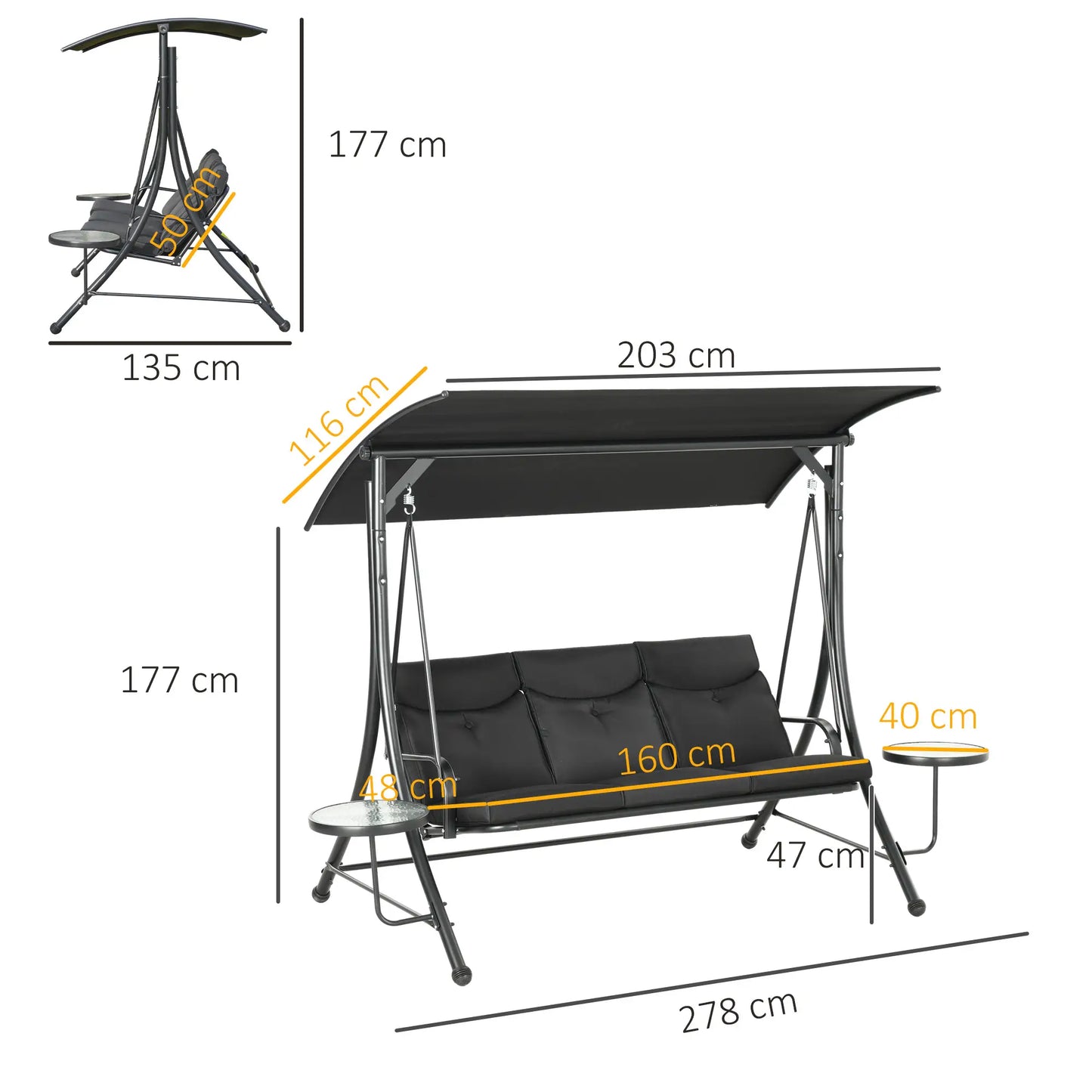 Nancy's Ferreirim Schommelbank - Tuinschommel - Hollywood Schommel - Zwart - ± 280 x 125 x 180 cm