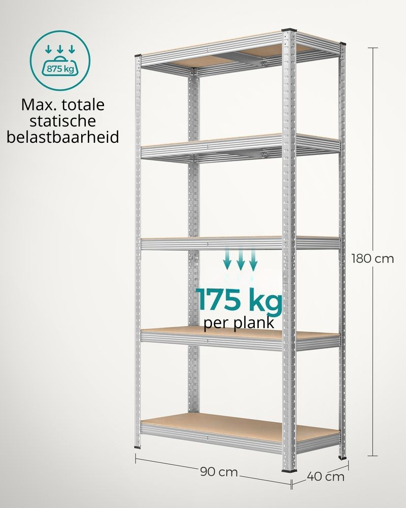 Nancy's Stelvio Stellingkasten Set van 2 - Opbergrek - Opbergkast - Verstelbare legplanken - Zilver - Staal - 90 x 40 x 180 cm