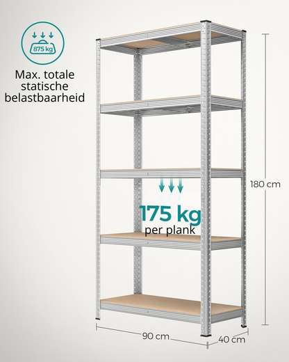 Nancy's Stelvio Stellingkasten Set van 2 - Opbergrek - Opbergkast - Verstelbare legplanken - Zilver - Staal - 90 x 40 x 180 cm