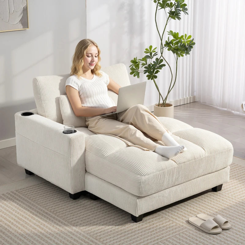 Nancy's Pedara Lounge Fauteuil - Relaxstoel - Loungestoel - Chaise Longue- Bekerhouders - Crèmewit - Corduroy