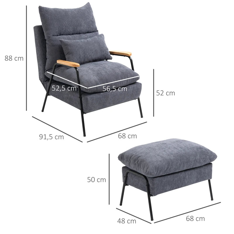 Nancy's Corvite Relaxfauteuil - Relaxstoel - Ligstoel - Verstelbaar - Met Voetenbankje - Grijs - Ribfluweel