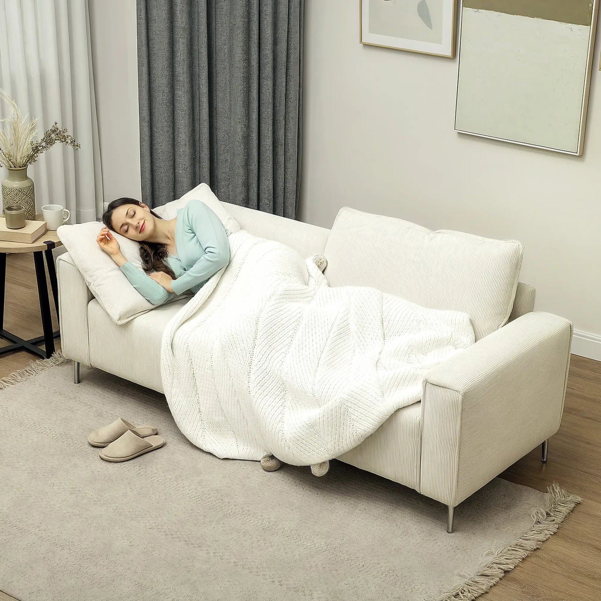Nancy's Urra 3-Zitsbank - Zitbank - Crèmewit - Ribfluweel - ± 195 x 75 x 80 cm