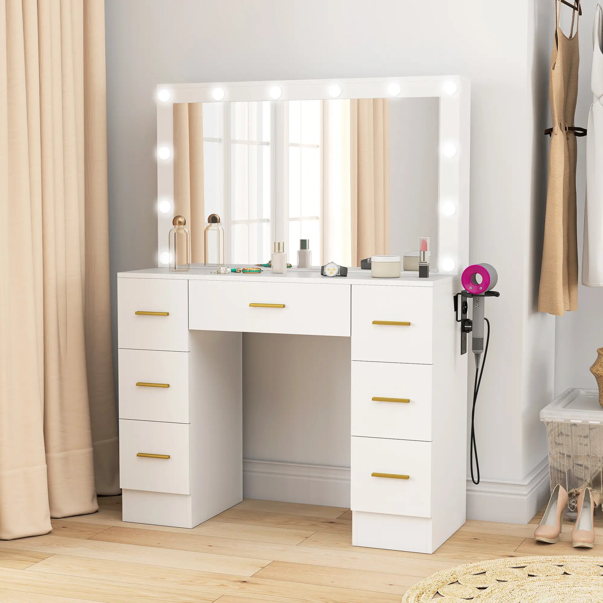 Nancy's Mangone Make Up Tafel - Kaptafel - Make-Up tafel met spiegel en verlichting - LED - Wit - ± 100 x 40 x 135 cm