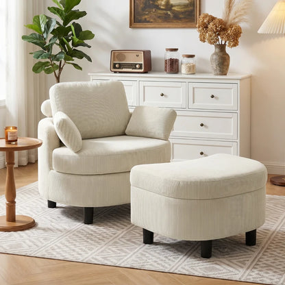 Nancy's Terenten Lounge Fauteuil - Relaxfauteuil - Loungestoel - Inclusief Voetenbankje - Verstelbaar - Crèmewit - Corduroy look