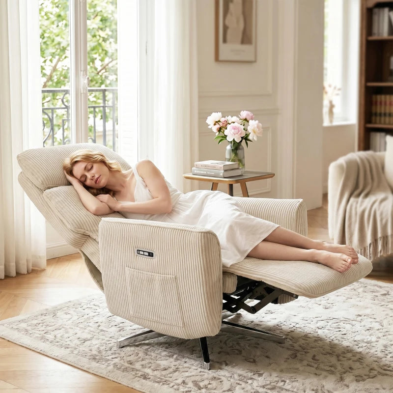 Nancy's Tarzo Elektrische Fauteuil - Relaxfauteuil - Relaxstoel - Draaibaar - Crèmewit / Zilver - Corduroy Look