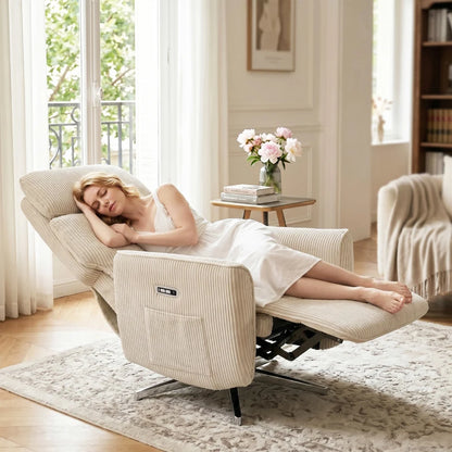 Nancy's Tarzo Elektrische Fauteuil - Relaxfauteuil - Relaxstoel - Draaibaar - Crèmewit / Zilver - Corduroy Look