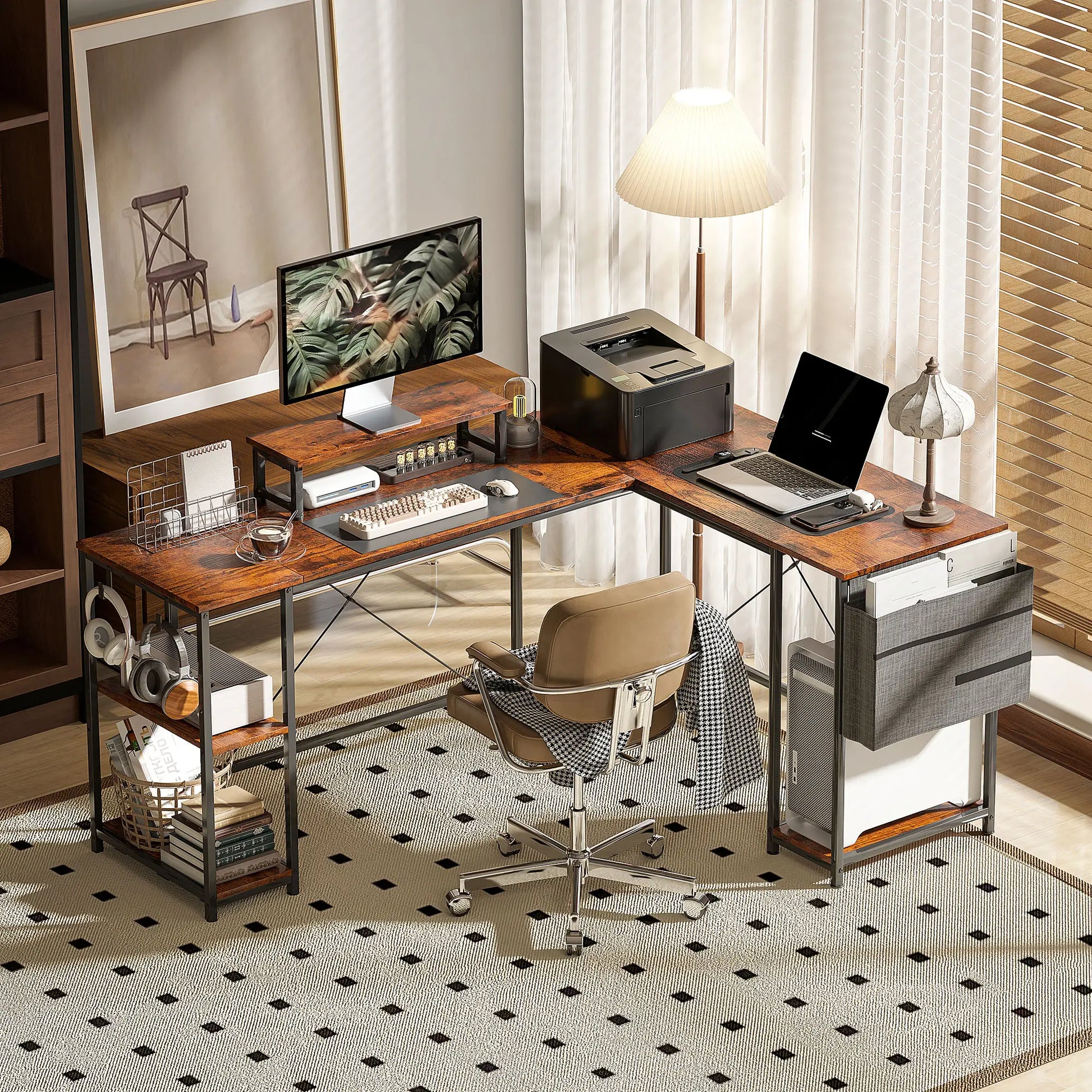 Nancy's Palmeira Bureau - Computertafel - L-vormig - Veelzijdig bureau met verstelbare planken - Monitorstandaard - Bruin