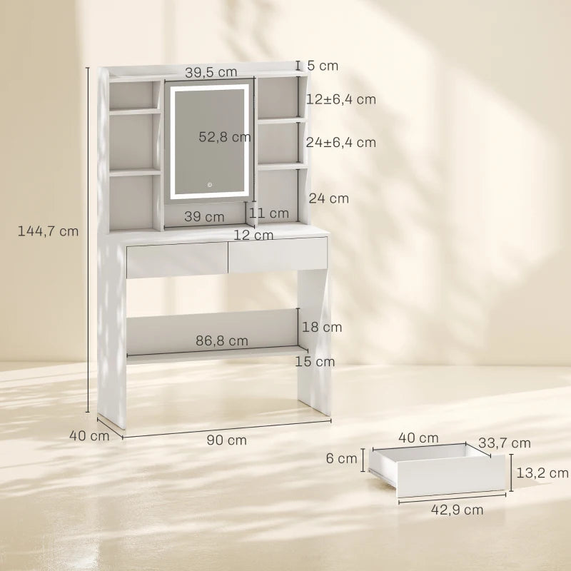 Nancy's Valleve Kaptafel - Make Up Tafel - Make-Up Tafel met Spiegel - LED-Verlichting - Wit ± 90 x 40 x 145 cm