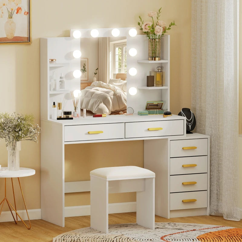 Nancy's Pontboset Kaptafel met Kruk - Make Up Tafel met Verlichting - Hollywood Spiegel - Wit - 120 x 40 x 140 cm