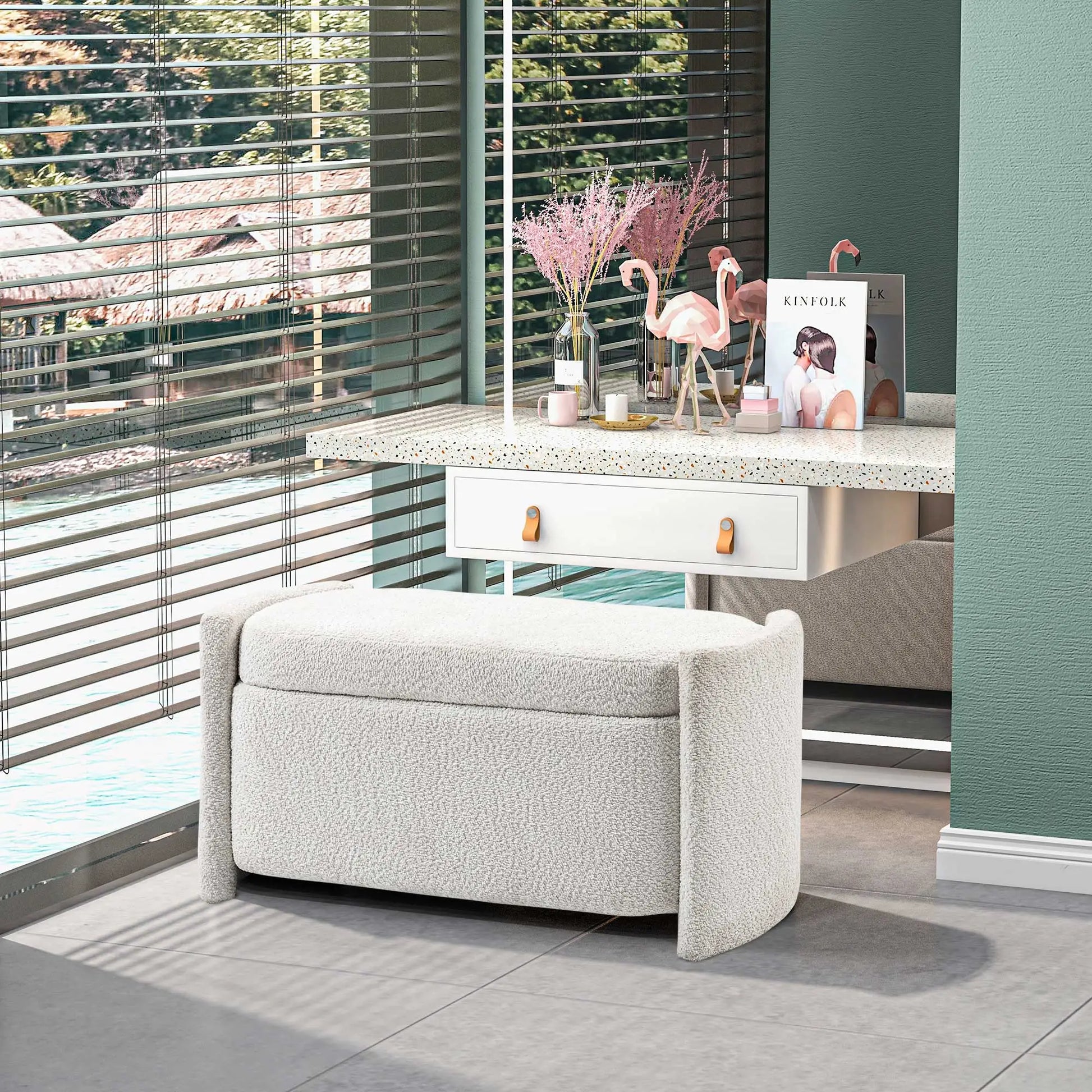 Nancy's Ferriere Opbergbank - Poef met Opbergruimte - Crème - Teddyfluweel - ± 105 x 45 x 45 cm