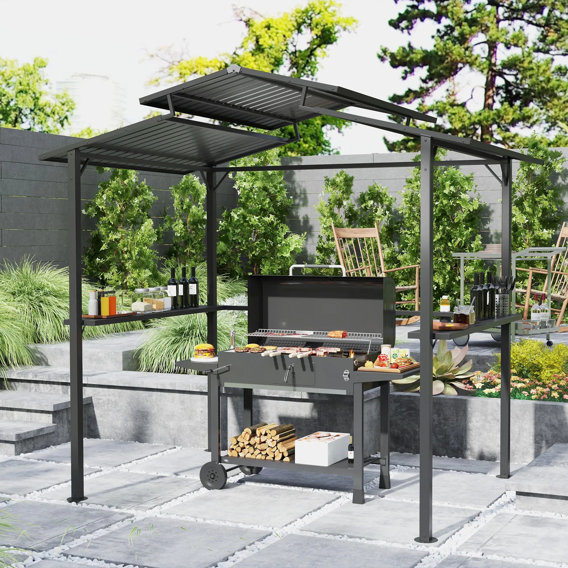 Nancy's Cossignano Barbecue Paviljoen - BBQ Afdak - BBQ Overkapping - Zwart - Staal - 250 x 160 x 250 cm