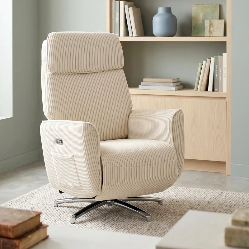 Nancy's Tarzo Elektrische Fauteuil - Relaxfauteuil - Relaxstoel - Draaibaar - Crèmewit / Zilver - Corduroy Look