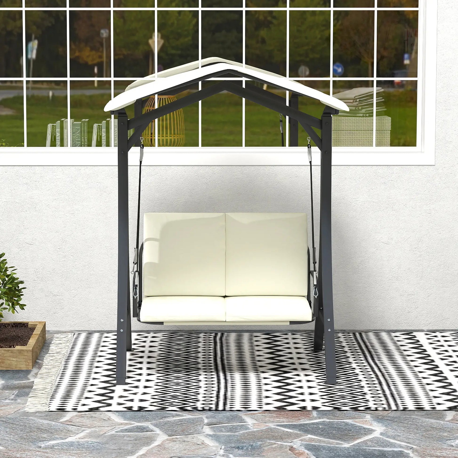 Nancy's Corchiano Schommelbank - Tuinschommel - Hollywood Schommel - Zwart / Crème - ± 150 x 120 x 180 cm