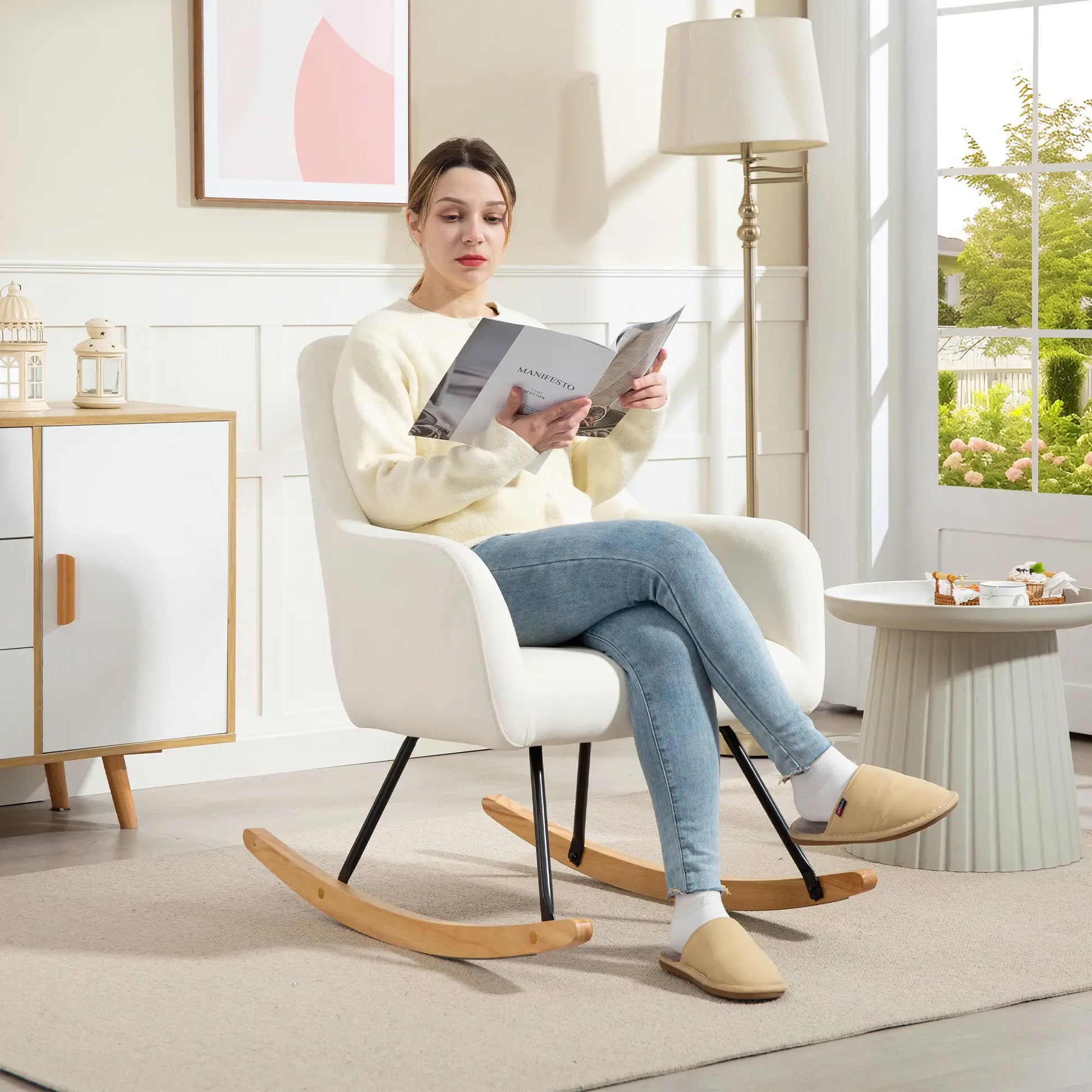 Nancy's Galatina Schommelstoel - Loungestoel - Relaxstoel - Roomwit - Fluweel