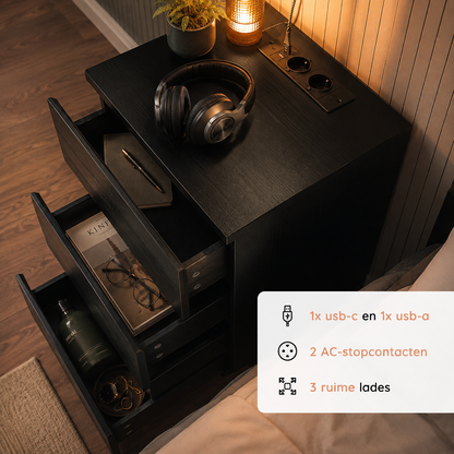 Casamoda Hoog Nachtkastje voor Boxspring met Stopcontact en USB - Ladekastje - 3 Lades - Zwart - 40 x 35 x 70 cm