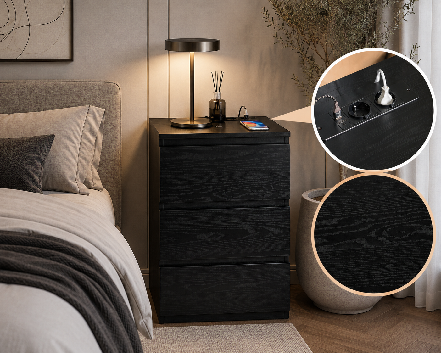Casamoda Hoog Nachtkastje voor Boxspring met Stopcontact en USB - Ladekastje - 3 Lades - Zwart - 40 x 35 x 70 cm