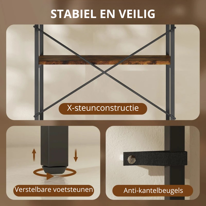 Nancy's Ovada Boekenkast - Opbergkast - 5 Niveaus - Bruin - MDF / Staal - ± 80 x 35 x 160 cm