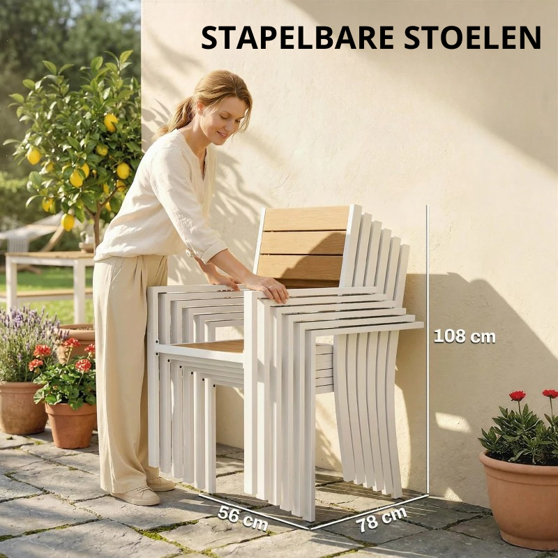 Nancy's Siracusa Tuinset - Tuimeubelset - Eettafelset voor Buiten - 6-Persoons - Wit / Teak