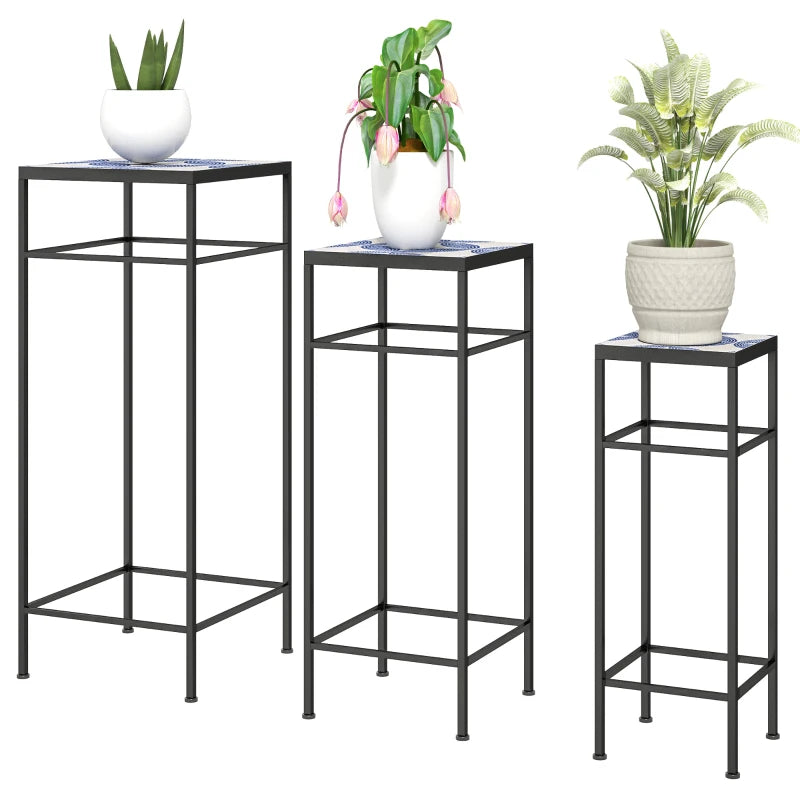 Nancy's Camaiore Plantenrek - Plantenstandaard - Bloemplank - Plantenzuil - Set van 3 - Blauw / Wit