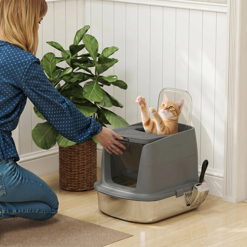 Nancy's Tambre Kattenbak - Katten WC - Katten Toilet - Aanpasbare opstelling - Grijs - RVS / Kunststof - ± 50 x 40 x 40 cm