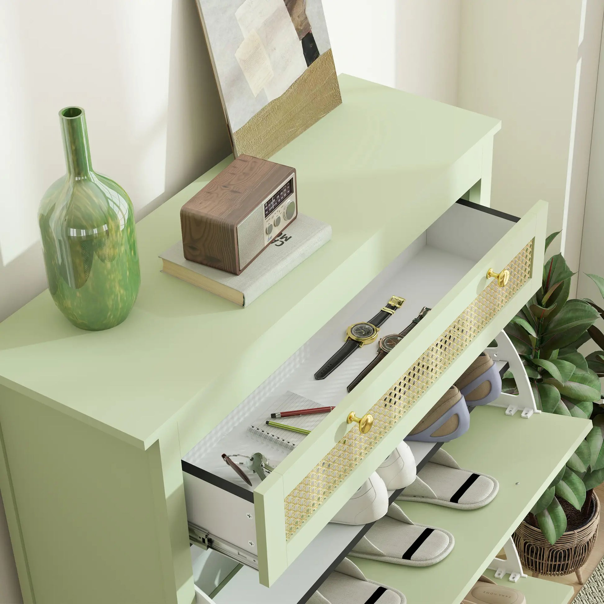 Nancy's Alvalade Commode - Sideboard - Opbergkast - Dressoir - Groen - Polyrattan - ± 90 x 30 x 120 cm