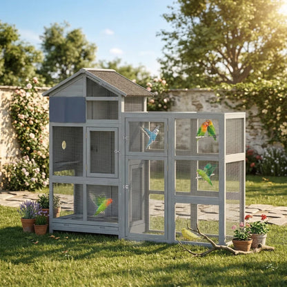 Nancy's Sonnino Vogelkooi - Buitenverblijf - Grijs - Dennenhout - ± 195 x 60 x 165 cm