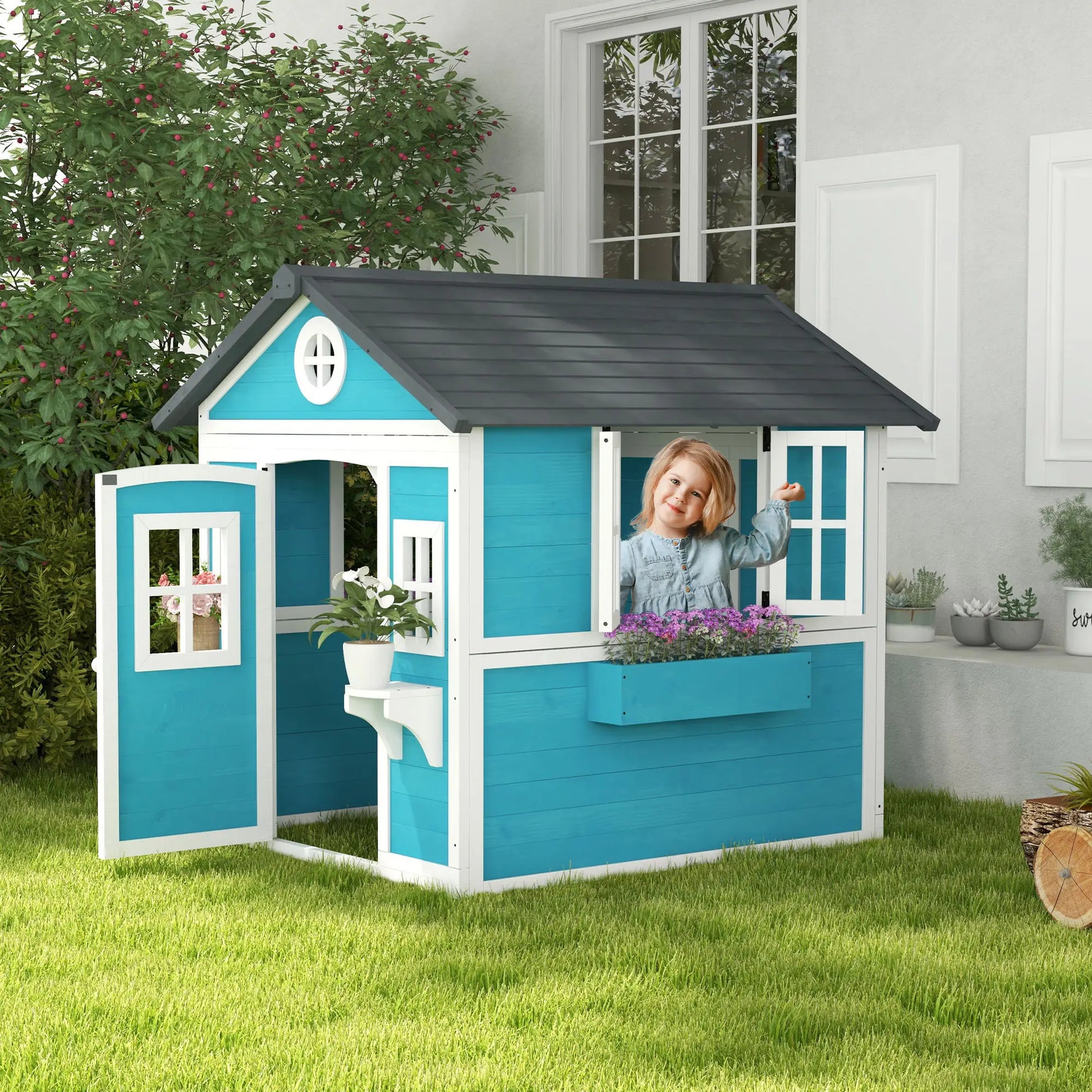 Nancy's Domaso Speelhuisje - Kinderspeelhuis - Blauw / Wit / Grijs - Dennenhout - ± 115 x 125 x 135 cm