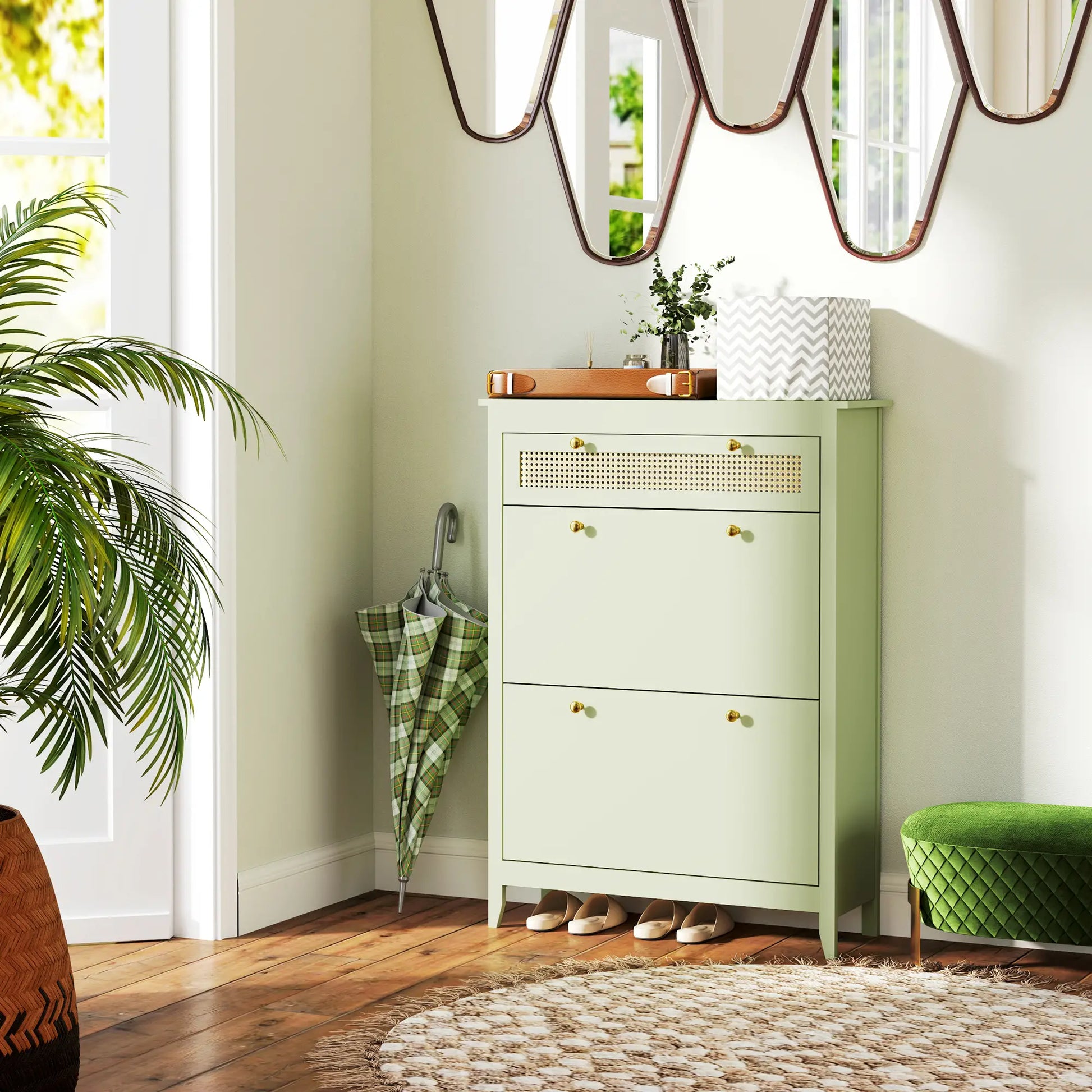 Nancy's Alvalade Commode - Sideboard - Opbergkast - Dressoir - Groen - Polyrattan - ± 90 x 30 x 120 cm