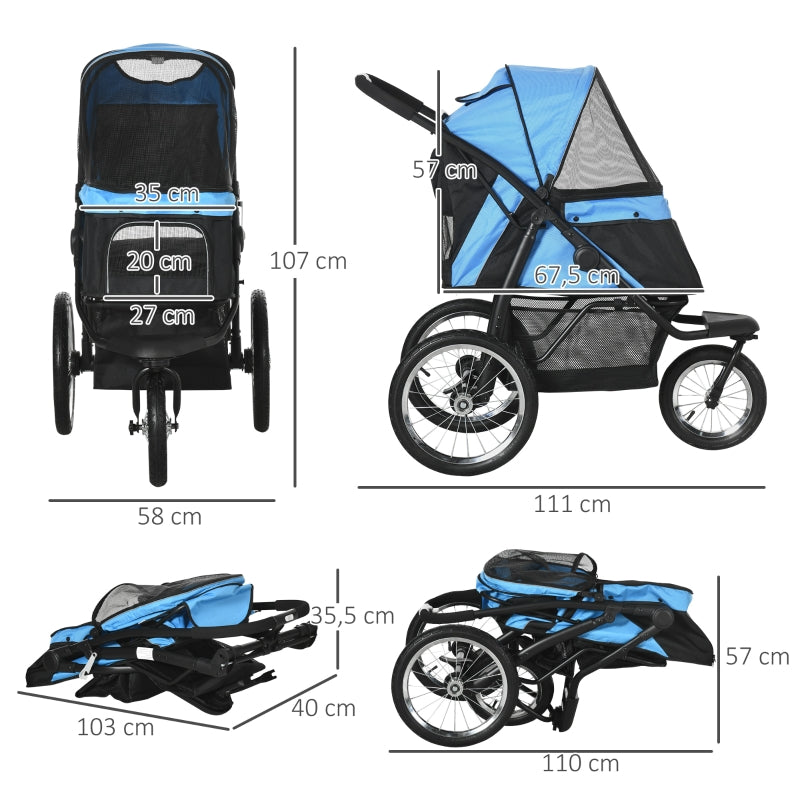 Chariot pour chien Pachuca de Nancy avec grandes roues, pliable, protection solaire, fenêtre grillagée, panier de rangement