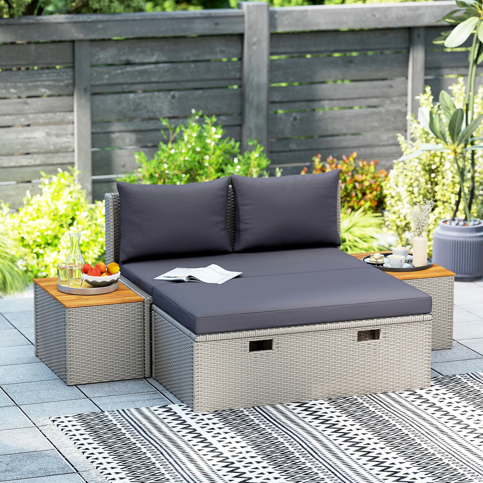 Nancy's Genazzano Loungebed - Ligbed - Tuinligstoel - Grijs - Acaciahout / Rotan